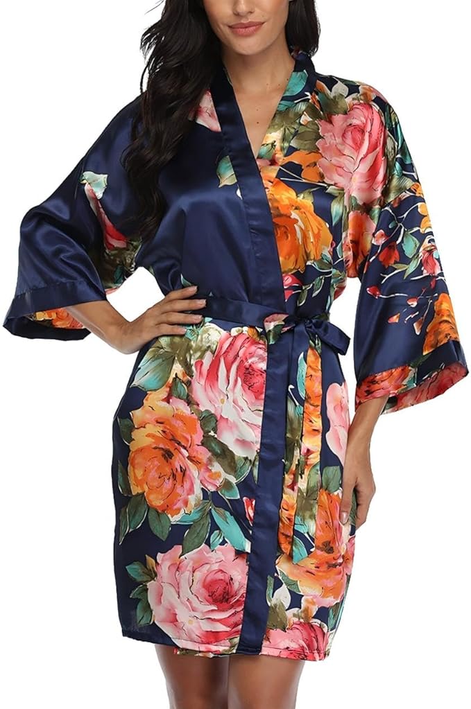 Floral Silk Robes for Women Kimono Satin Short Bath Robe Bridal Dressing Gown Bride Bridesmaids Lightweight Bathrobes