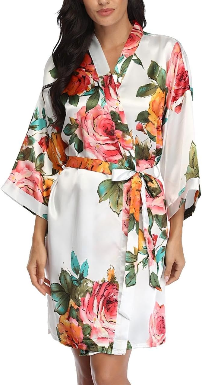 Floral Silk Robes for Women Kimono Satin Short Bath Robe Bridal Dressing Gown Bride Bridesmaids Lightweight Bathrobes