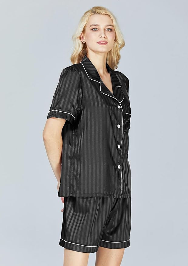 WJing Yi Jia Womens Silk Satin Pajamas Loungewear Two-Piece Sleepwear Button-Down Floral Pj Set XS-4XL