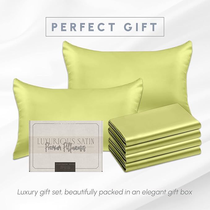 Elegant Comfort 6-PACK Cooling Viscose Satin Pillowcase Set with Hidden Zipper closure, Silky Smooth for Hair and Skin Care-Beautiful Gift Box-6-Piece Satin Pillowcases, Standard/Queen,Pistachio Green