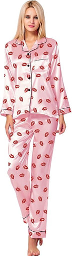 SWOMOG Womens Silk Satin Pajamas Set Long Sleeve Button Down Sleepwear 2 Piece Lounge Set Pj Set XS-3XL