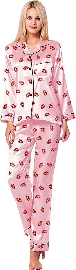 SWOMOG Womens Silk Satin Pajamas Set Long Sleeve Button Down Sleepwear 2 Piece Lounge Set Pj Set XS-3XL