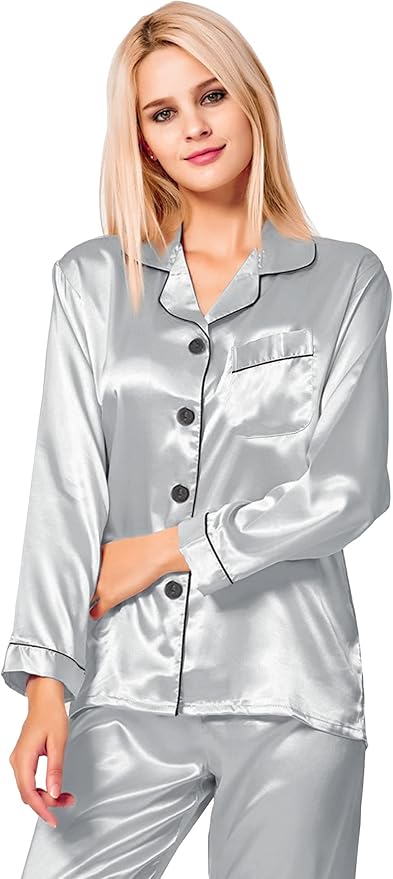 SWOMOG Womens Silk Satin Pajamas Set Long Sleeve Button Down Sleepwear 2 Piece Lounge Set Pj Set XS-3XL