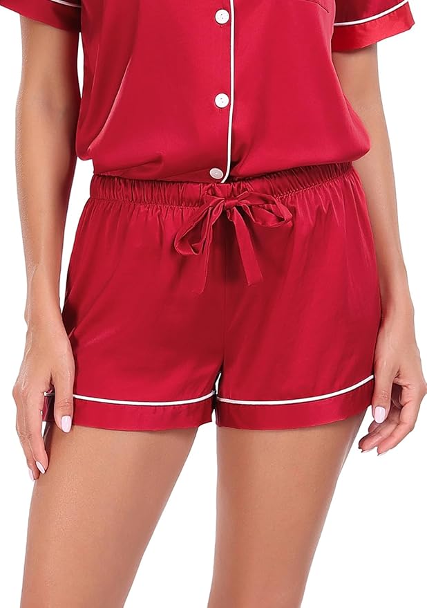 Serenedelicacy Women's Satin Pajama Set 2-Piece Sleepwear Loungewear Button Down Short Sleeve Silky PJ Set