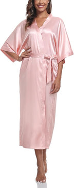 Women's Silk Robes Soft Long Satin Kimono Bathrobe Bride Bridesmaid Wedding Party Robes Sexy Sleepwear with Pockets