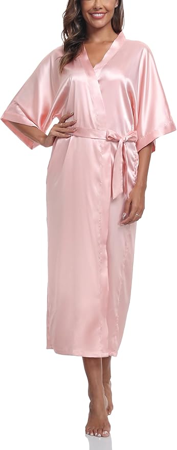 Women's Silk Robes Soft Long Satin Kimono Bathrobe Bride Bridesmaid Wedding Party Robes Sexy Sleepwear with Pockets