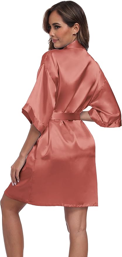 Women's Short Satin Robes Silky Bathrobe Bridesmaid Sleepwear for Wedding Party Getting Ready Solid Color