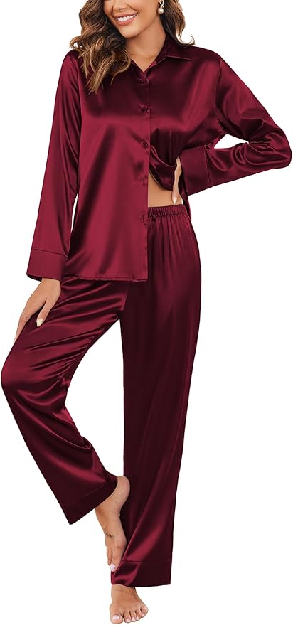Ekouaer Women Satin Silk Pajamas Classic Long Sleeve Button Down Pjs Set Soft Loungewear