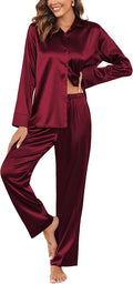 Ekouaer Women Satin Silk Pajamas Classic Long Sleeve Button Down Pjs Set Soft Loungewear