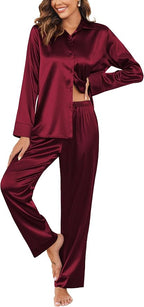 Ekouaer Women Satin Silk Pajamas Classic Long Sleeve Button Down Pjs Set Soft Loungewear