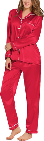 SWOMOG Womens Silk Satin Pajamas Set Long Sleeve Button Down Sleepwear 2 Piece Lounge Set Pj Set XS-3XL