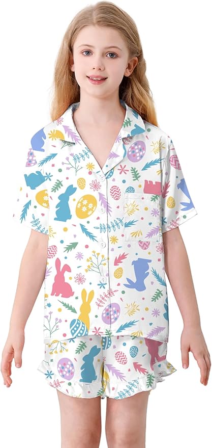 Umeyda Girls & Women Satin Pajamas Set Button Down 2 Piece Silk Pjs Shorts Set Ruffle Sleepwear, 5 Years-Women L