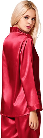SWOMOG Long Sleeve Pajamas Set Silk Satin Sleepwear Button Down Pjs Loungewear with Pocket