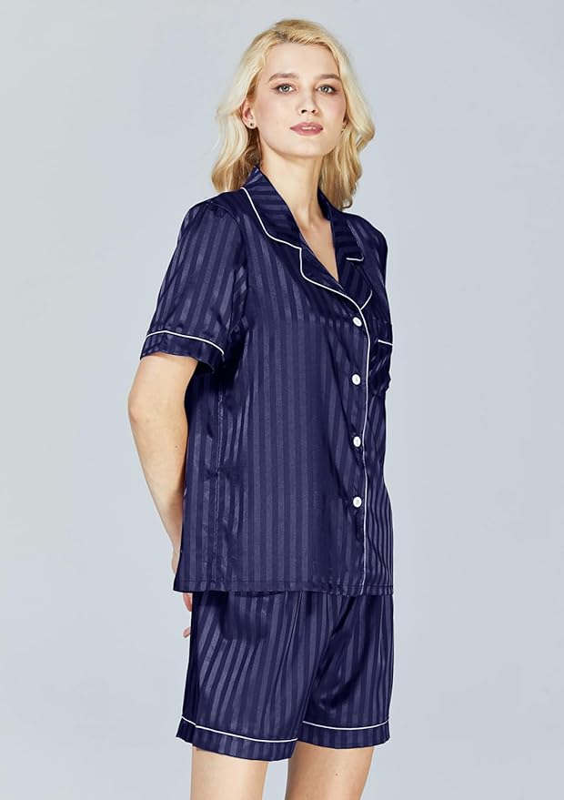 WJing Yi Jia Womens Silk Satin Pajamas Loungewear Two-Piece Sleepwear Button-Down Floral Pj Set XS-4XL