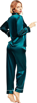 SIHA Satin Silk Pajamas for Women Pajama Set With Long Sleeve Button-Down Satin Pajamas Sleepwear XS-3XL