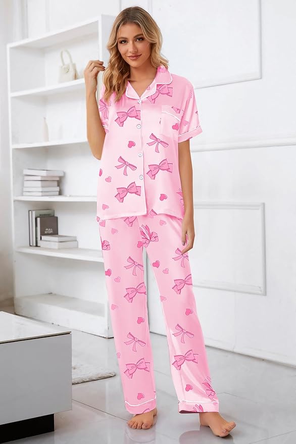 Umeyda Girls Womens Pajamas Set, Satin Silky Button Down Loungewear 2 Piece Short Sleeve Pants PJS Sets for Mommy Kids
