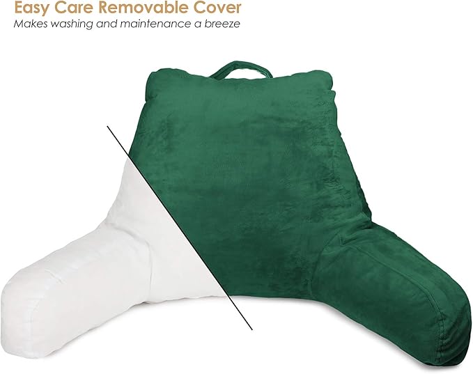 Clara Clark Reading Pillow with Shredded Memory Foam for Sitting Up in Bed and Couch, Back and Arms Adjustable Support for Adults & Teens Backrest Pillows for Reading, with Washable Cover Dark Green