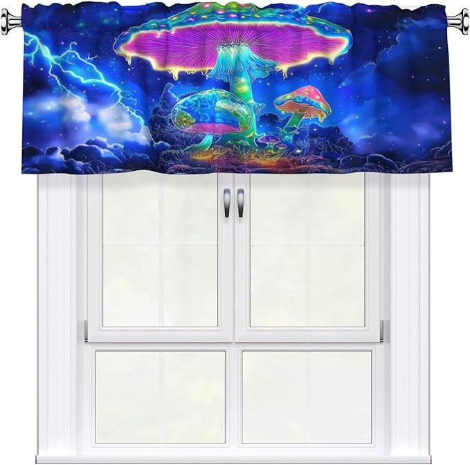 Glowing Neon Mushrooms in Stormy Night Sky Curtain Valance Peach Skin Velvet Printed Window Valance with Rod Pocket Light Filtering for Kitchen Bathroom 54x18in