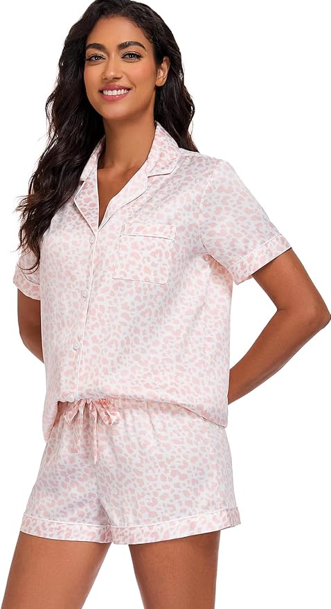 Serenedelicacy Women's Satin Pajama Set 2-Piece Sleepwear Loungewear Button Down Short Sleeve Silky PJ Set