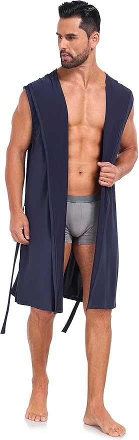 VintageClothing Men's Summer Robe with Hooded Lightweight Bathrobe House Kimono Sleeveless Sexy Sleepwear Pajamas