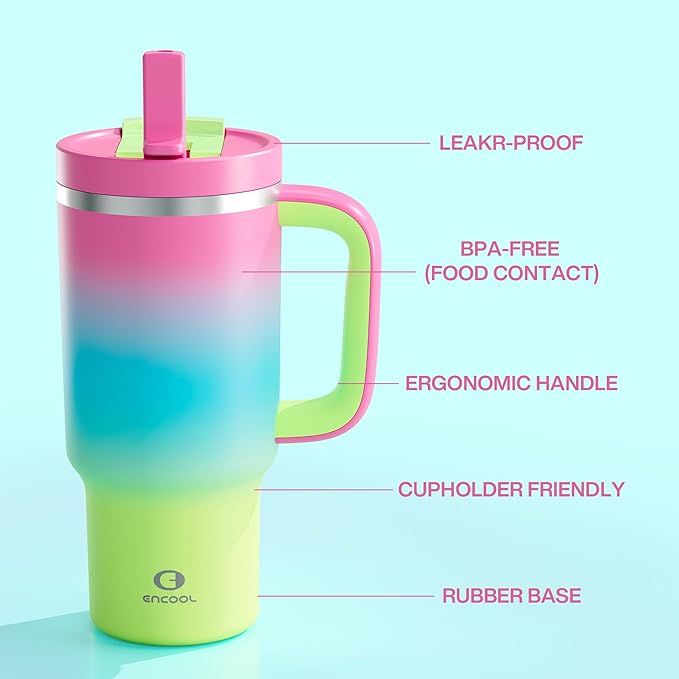 ENCOOL 32 oz Tumbler with Handle and Straw: Stainless Steel Insulated Tumbler Keeps Cold for 24 Hours, Leakproof Travel Cup Fits in Cup Holder and BPA-Free, Lime Sorbet