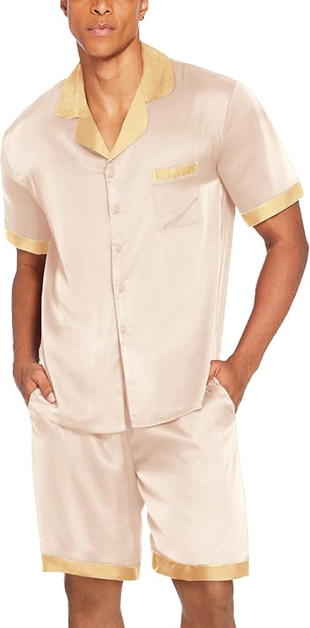 Ekouaer Men Satin Silk Pajamas Set with Pockets Sleepwear Shorts Satin Summer Loungewear 2 Piece Button Down Set S-3XL