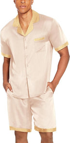 Ekouaer Men Satin Silk Pajamas Set with Pockets Sleepwear Shorts Satin Summer Loungewear 2 Piece Button Down Set S-3XL