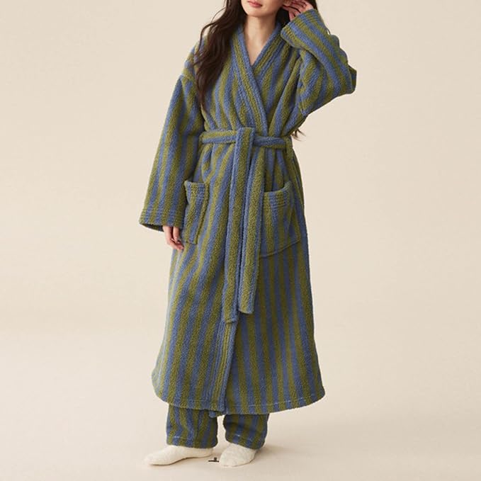 Oplxuo Women's Fuzzy Fleece Robe Long Striped Plush Bathrobe Warm Thick Fluffy Oversized Loungewear Maxi Robes with Pockets