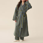 Oplxuo Women's Fuzzy Fleece Robe Long Striped Plush Bathrobe Warm Thick Fluffy Oversized Loungewear Maxi Robes with Pockets