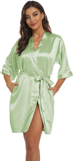 Women's Pure Short Kimono Robes Bride Bridesmaids Silky Bathrobe Lightweight Satin Sleepwear