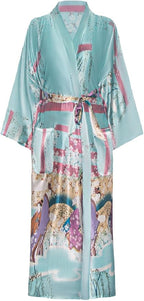Valennia Women Long Silky Bathrobe Satin Kimono Robe Floral Printed Dressing Gown Sleepwear