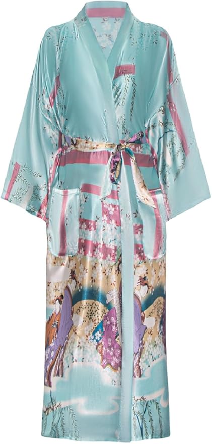 Valennia Women Long Silky Bathrobe Satin Kimono Robe Floral Printed Dressing Gown Sleepwear