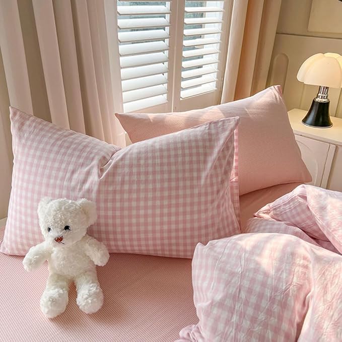 Nayoroom Gingham Duvet Cover Oversized King Pink White Plaid Checkered Comforter Cover 3 Pcs Soft Breathable Washed Microfiber Grid Farmhouse Bedding Set with Pillow Shams