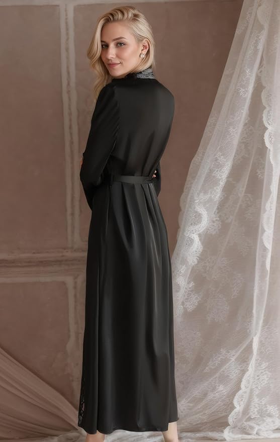 Women Sexy Satin Lace Robe,Long Sleeve Silk Bathrobe with Belt Soft Lightweight Full Length Sleepwear