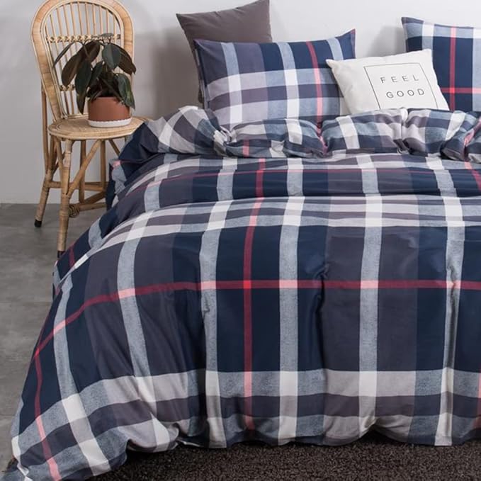CLOTHKNOW Blue Plaid California King Comforter Set Buffalo Tartan Bedding Comforter Sets Soft Blue White Grey Grid Comforter with 2 x Pillow Cases