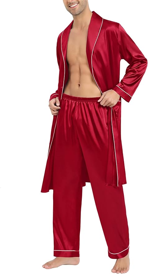 SWOMOG Men's Satin Robe Silky Kimono Bathrobe with Shorts Set Lightweight Soft Loungewear Nightwear