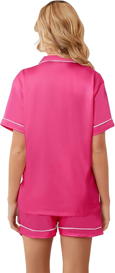 Umeyda Women & Girls Pajamas Set, Soft Satin Lightweight Silk Button-Down Top with Shorts 2 Piece PJS for Mom Boys Kids Gifts