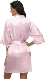 Women's Satin Kimono Robe Wedding Getting Ready Silky Bathrobe Short Bridesmaid Dressing Gown