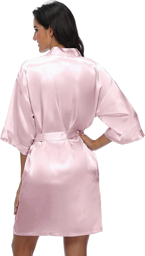 Women's Satin Kimono Robe Wedding Getting Ready Silky Bathrobe Short Bridesmaid Dressing Gown
