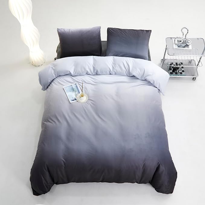 Luxlovery Black Grey Velvet Comforter King Gradient Fluffy Plush Flannel Bedding Set Men Women Sherpa Micromink Ink Winter Warm Blanket Quilts Warm Comforter Set King Size