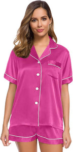 SWOMOG Womens Silk Satin Pajamas Set Short Sleeve Sleepwear Button Down Top and Shorts Loungewear 2 Piece Pjs Set XS-3XL