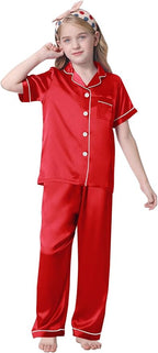Umeyda Girls Womens Pajamas Set, Satin Silky Button Down Loungewear 2 Piece Short Sleeve Pants PJS Sets for Mommy Kids