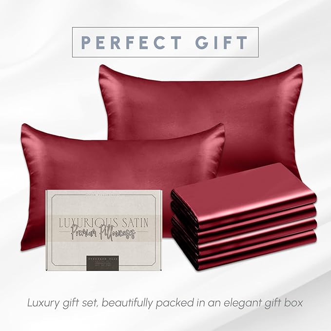 Elegant Comfort 6-Pack Cooling Viscose Satin Pillowcase Set with Hidden Zipper Closure, Silky Smooth for Best Hair and Skin Care-Beautiful Gift Box-6-Piece Satin Pillowcase Set, King, Burgundy
