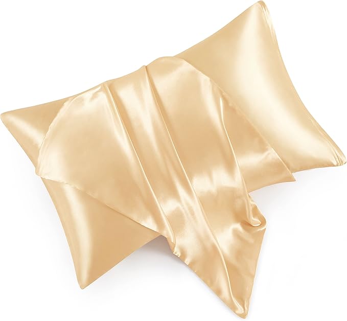 Satin Pillowcases with Zipper （20x30）,Queen Size Pillowcases Set of 2, Gold Silk Pillowcase for Hair and Skin