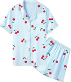 Umeyda Women & Girls Pajamas Set, Soft Satin Lightweight Silk Button-Down Top with Shorts 2 Piece PJS for Mom Boys Kids Gifts