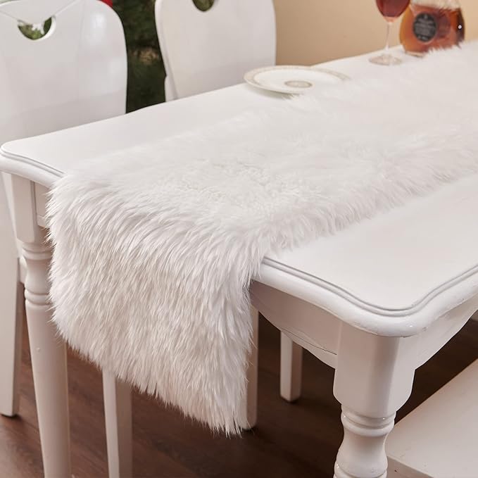 Table Runner, Modern Small White Fur Table Runner for Party Birthday Christmas Friendsgiving Wedding Dinning Table, Decorative Rug Luxury Faux Fur Runner for Table (11.8x70.8 inch)