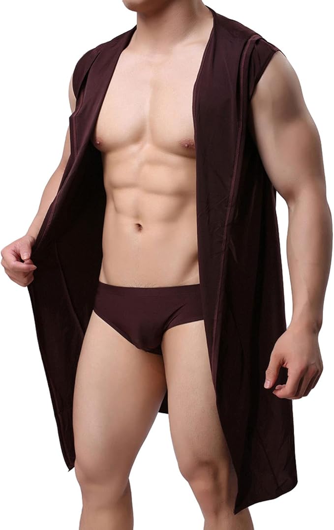 Lu's Chic Men's Silk Kimono Robe Hooded Bathrobe Sleeveless Lightweight Sleepwear Pajamas
