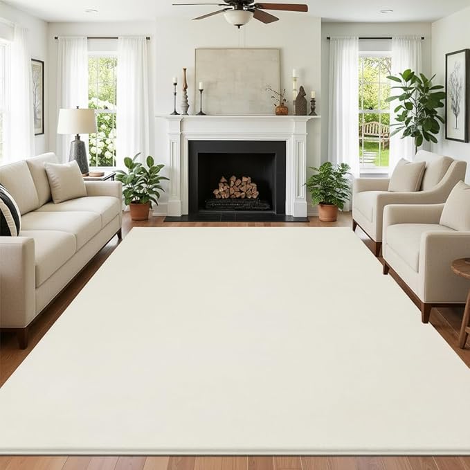SHACOS Silky Soft Faux Rabbit Fur Area Rug 6'x9', Non Slip Washable Padded Throw Rugs, Fluffy Cozy Indoor Modern Carpet for Living Room Bedroom Dining Room Kids Room Dorm Home Decor, Cream