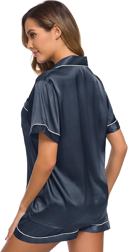 SWOMOG Womens Silk Satin Pajamas Set Short Sleeve Sleepwear Button Down Top and Shorts Loungewear 2 Piece Pjs Set XS-3XL