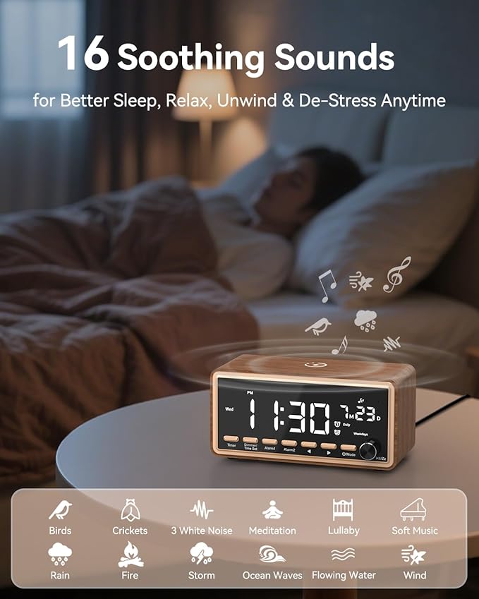 Digital Alarm Clocks Radio for Bedrooms,FM Radio & White Noise Sound Machine with Timer,Bluetooth Speaker,Dual Alarm Clock with Wireless Charging,Dimmable Big LED Display,Holiday Gifts for Men Women